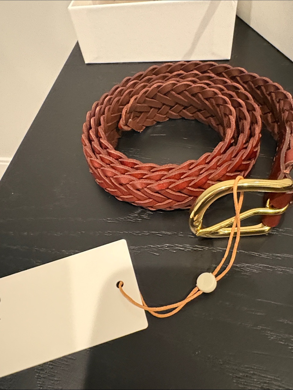 Quince large brown (saddle) Braided Leather Belt with Gold Buckle